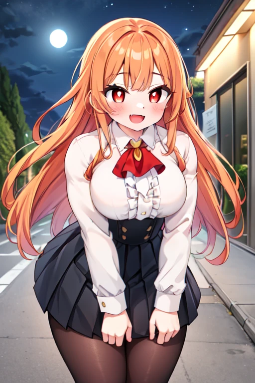 ((best quality)), ((masterpiece)), (detailed), (perfect anatomy), (exquisite clothing);
1girl, solo, sidewalk, night time, leaning forward;
Perfect face, orange hair, very long hair, fanged bangs, sidelocks, blushing, red eyes, bright pupils, happy, joyful, smiling, open mouth;
Tall, mature, (bulky:1.2), deltoids, trapezius, medium breasts, thick arms, biceps, triceps, covered navel, abs, wide hips, thick thighs, glutes, quads, lats, hamstrings; 
(White dress shirt, center frills, long sleeves), red ascot, (underbust, black skirt, high-waist, pleated), black pantyhose.