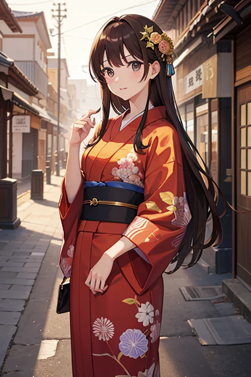 masterpiece, highest quality, High resolution,Anime Style、Brown Hair、Long Hair、yukata、In town、Are standing