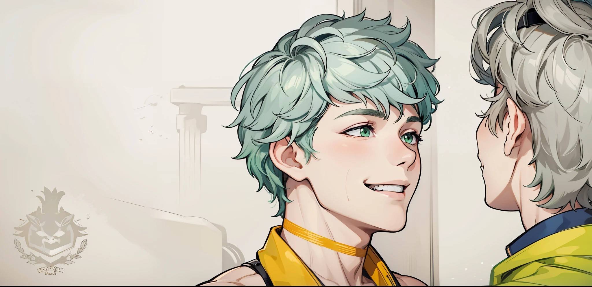 cute 17 year old boy smiles maliciously with mischief speaks with mischief green eyes