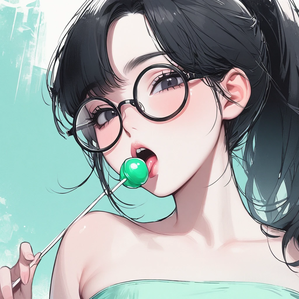 Girl, black hair, black eyes, beautiful, strapless mint dress, pastel colors, face close-up, flat, ponytail, sucking a green lollipop, lipgloss, brat, big round glasses, korean, wide mouth, submissive, short bangs 