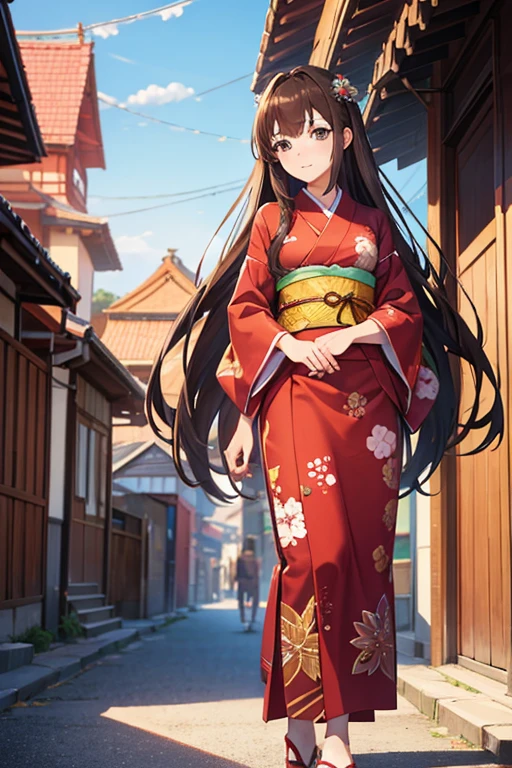 masterpiece, highest quality, High resolution,Anime Style、Brown Hair、Long Hair、yukata、In town、Are standing