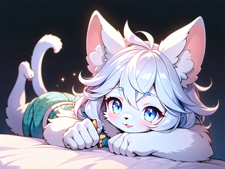 Nervous smiling, beautiful and detailed, man (((male))) ((anthro)) Cat, (Cat boy), cinematic lighting, Cat, (anthro, fluffy fur, character focus:1.1), 1boy, anthro cat boy, body fur, gray fur, gray body, gray hair, long hair, curvy, sexy, nice, cute, hot, comfortable anime-style cartoon-style, digital drawing, blue eyes, green sweater, white panties, collar, low-angle view