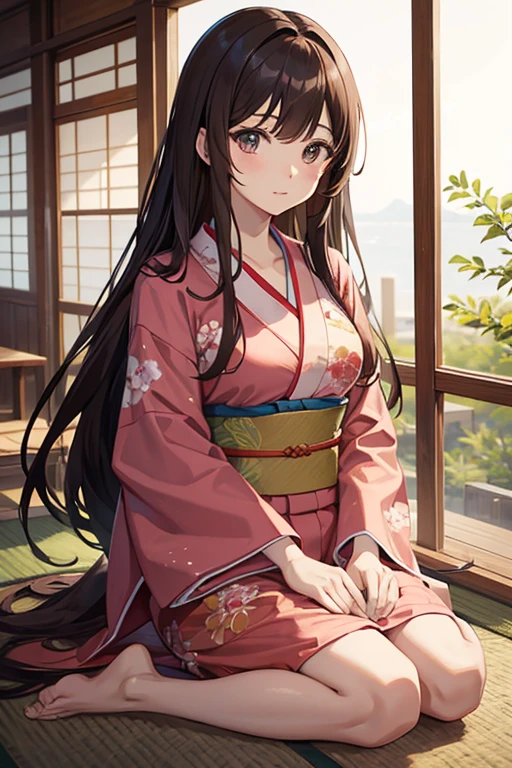 masterpiece, highest quality, High resolution,Anime Style、Brown Hair、Long Hair、Let the yukata come off