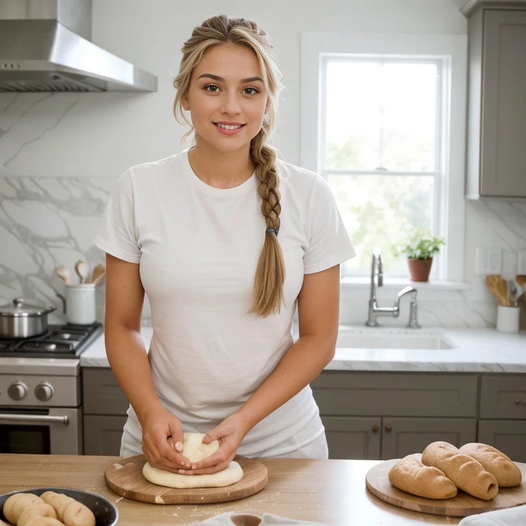 mid range,light hair color,in the kitchen ,background kitchen style art decor, knead the dough with your own hands,prepares food at the table with your own hands, T-shirt with neckline,indoor sweatpants,Arabian appearance, light hair color. light hair color,hair braided,кожа ultra-натуральная. Large elastic hips,a high resolution, masterpiece, Best quality, complex parts, Very detailed, sharp focus, detailed skin, realistice Hauttextur, texture, Detailed eyes, professional, 4K, charming smile, shot on Canon, 85 mm, light depth of field, Цвет Kodak Vision, perfect body, extremely detailed, photo_\(ultra\), fotorealistic, realistic, Post-processing, maximum detail, roughness, real life, ultrarealistic, photorealismus, photografie, Age 22 years. slim build