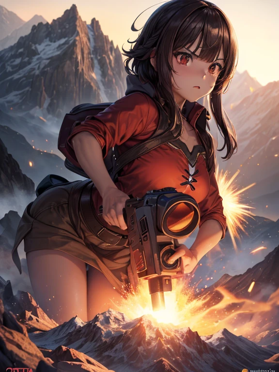 1 chica, Megumin, (cara realista:1.1), pelo negro, pelo entre los ojos, pelo despeinado, cabello corto, (cabello realista:1.1), ((Brown eyes:1.2, ojos brillantes, beautiful expressive Brown eyes)), (Symmetrical eyes:1.1), (ojos realistas:1.1), delineador de ojos, labios brillantes, pintalabios rojo, sonrisa loca, (small and round breasts), (cuerpo realista:1.1), ropa de camuflaje, ((sosteniendo una bazuca en su hombro)) , pintura de guerra en la cara, (face with angry expression), ((Fondo, explosion in the mountain)), ((vista superior)), (((Megumin aiming at the mountain))), ((vista tridimensional) ), cinematic lighting, alto detalle, hyperrealism, (obra maestra:1.1), (mejor calidad:1.1), high resolution, piel texturizada, anatomically correct, 8K.