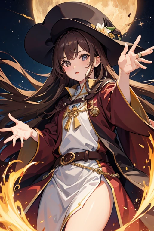 masterpiece, highest quality, High resolution,Anime Style、Brown Hair、Long Hair、Wizard、Robe、hat