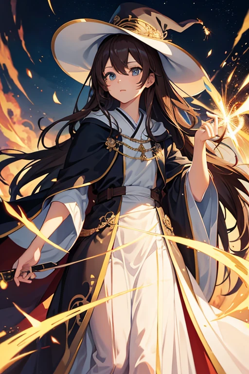 masterpiece, highest quality, High resolution,Anime Style、Brown Hair、Long Hair、Wizard、Robe、hat