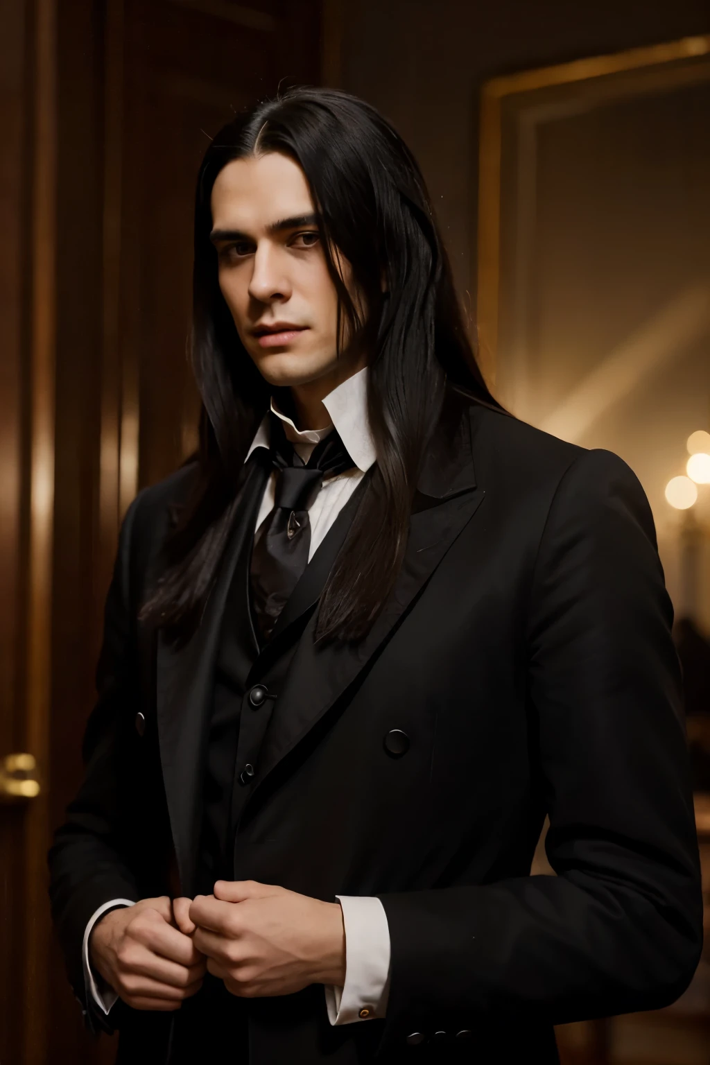 Victorian era, vampires, group of people. young man, black hair, long straight hair, black coat and man with a rounded chin, thin lips, small nose, no beard. Short hair, Athletic body