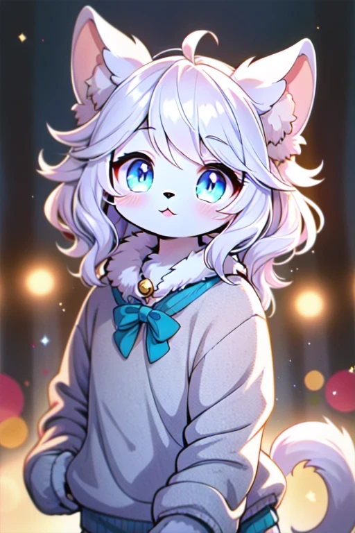 beautiful and detailed, man (((male))) ((anthro)) Cat, (Cat boy), cinematic lighting, Cat, (anthro, fluffy fur), 1boy, anthro cat boy, body fur, gray fur, gray body, gray hair, long hair, comfortable anime-style cartoon-style, digital drawing, detailed background, park, day, summer, bow collar, blue eyes, green sweater, white panties, collar, low-angle view