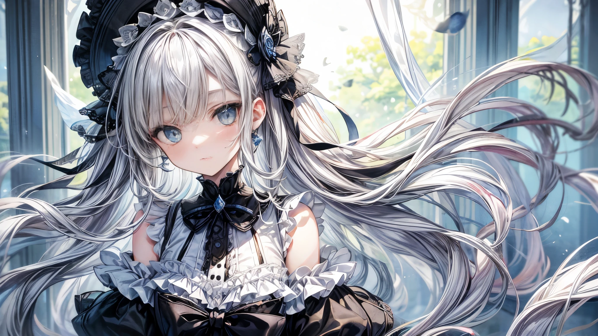 Transparent watercolors, girls, jewellery eyes, beautiful arrangements and motifs, field depth, white motifs, white hair, medium hair, wavy hair, beautiful light blue eyes, white lace shirt, large black chest ribbon, frill shirt, It's about the size of an elementary school student, and it's a very young girl, a naughty girl, a young girl