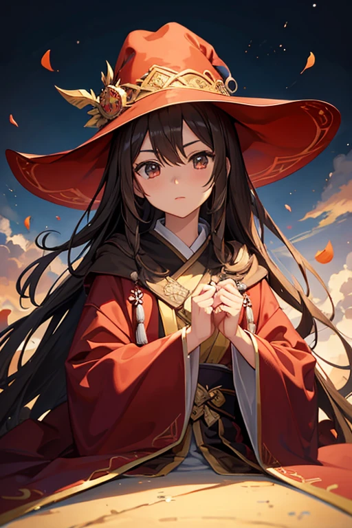 masterpiece, highest quality, High resolution，Anime Style、Brown Hair、Long Hair、Wizard、Robe、hat