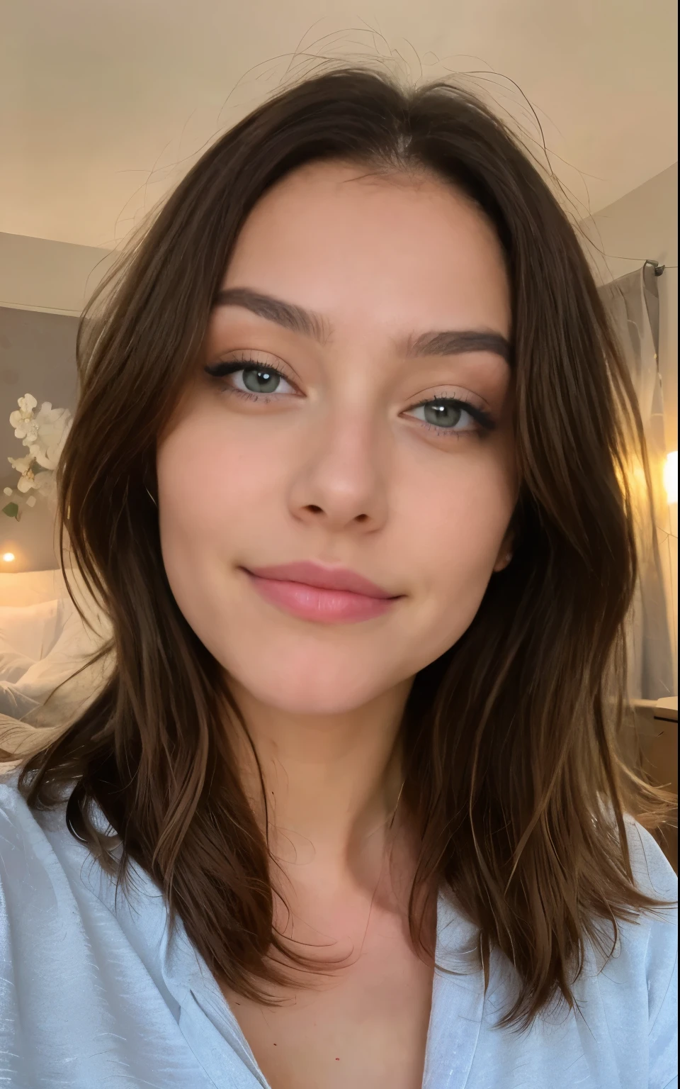 Jolie belle blonde en pyjama sexy faisant un selfie (dans un lit), selfie, low-cut, very detailed, 14 ans, visage innocent, naturally wavy hair, yeux bleus,sourire, dents blanches, high resolution, chef-d&#39;artwork, Meilleur Qulaity, Intricate details, very detailed, mise au point nette, detailed skin, texture de peau réaliste, texture, detailed eyes, professionnel, 4k, sourire charmant, prise avec Canon, 85 millimeters, Slight depth of field, Kodak Vision Couleur, corps parfaitement ajusté, Extremely detailed, photographier_\(ultra\), photographrealistic, Realistic, Post-traitement, Maximum details, roughness, vrai vie, ultraRealistic, photorealism, photographie, 8K UHD, photographie