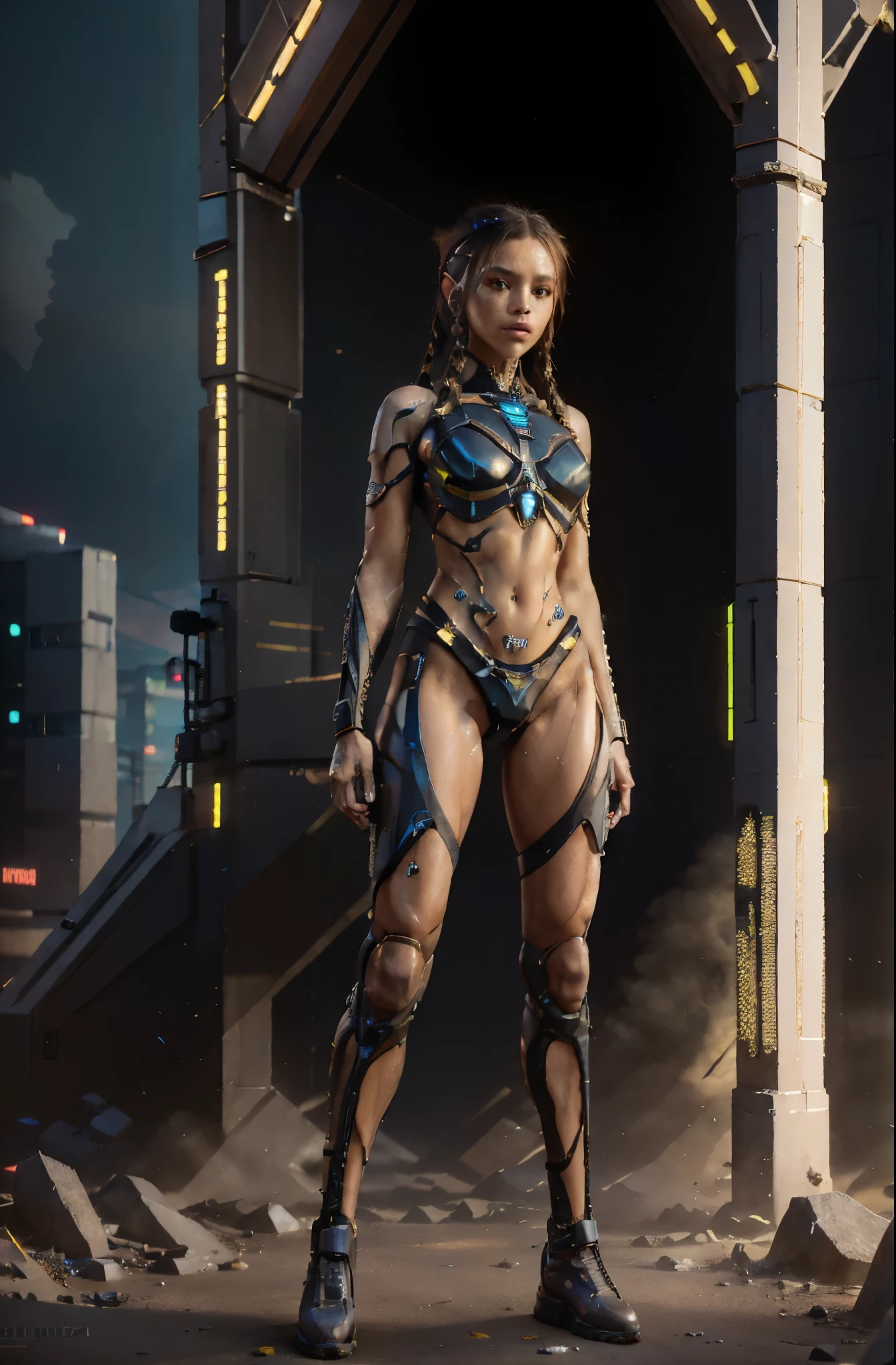 Beautiful women, Jenna Ortega, Mech Punk ((full body)) clothes with braided hair, [[front and back views]], hyper detailed, digital art, Cyberpunk style, cybercinematic lighting, studio quality, smooth render, unreal engine 5 rendered, octane rendered, art style by klimt and nixeu and ian sprigger and wlop and krenz cushart