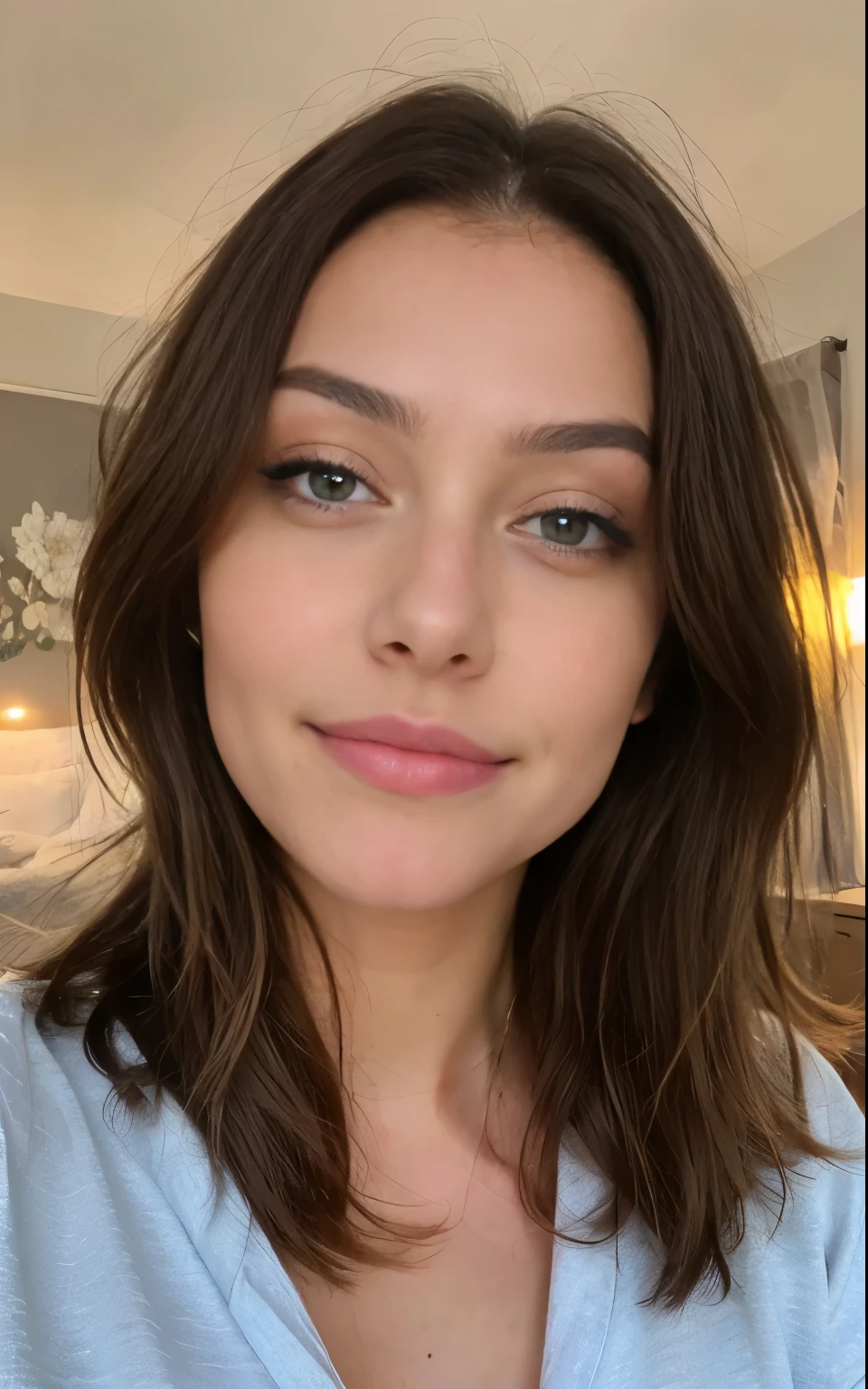 Jolie belle blonde en pyjama sexy faisant un selfie (dans un lit), selfie, low-cut, very detailed, 14 ans, visage innocent, naturally wavy hair, yeux bleus,sourire, dents blanches, high resolution, chef-d&#39;artwork, Meilleur Qulaity, Intricate details, very detailed, mise au point nette, detailed skin, texture de peau réaliste, texture, detailed eyes, professionnel, 4k, sourire charmant, prise avec Canon, 85 millimeters, Slight depth of field, Kodak Vision Couleur, corps parfaitement ajusté, Extremely detailed, photographier_\(ultra\), photographrealistic, Realistic, Post-traitement, Maximum details, roughness, vrai vie, ultraRealistic, photorealism, photographie, 8K UHD, photographie