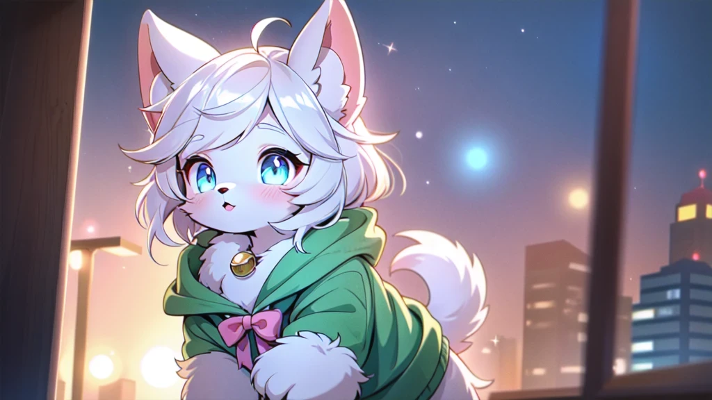 beautiful and detailed, man (((male))) ((anthro)) Cat, (Cat boy), cinematic lighting, Cat, (anthro, fluffy fur), 1boy, anthro cat boy, body fur, gray fur, gray body, gray hair, long hair, comfortable anime-style cartoon-style, digital drawing, detailed background, standing, park, day, summer, bow collar, blue eyes, green sweater, white , collar, low-angle view
