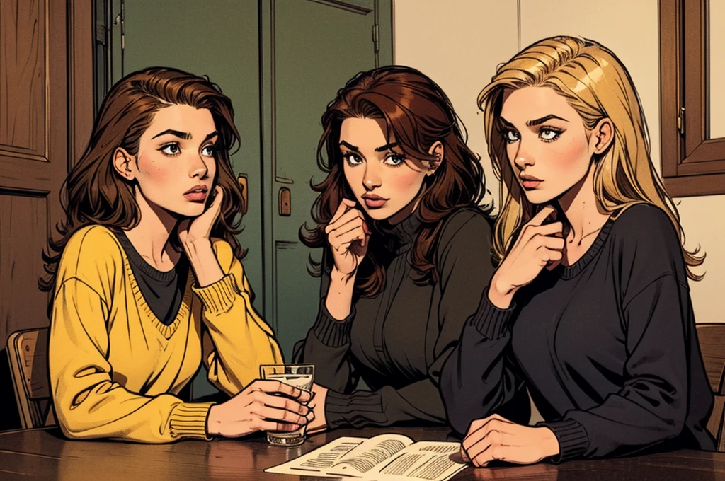 girls, chatting, gossip, typical teenager outfit:1.2, detailed face, blond|black-haired|red-haired, simple table,