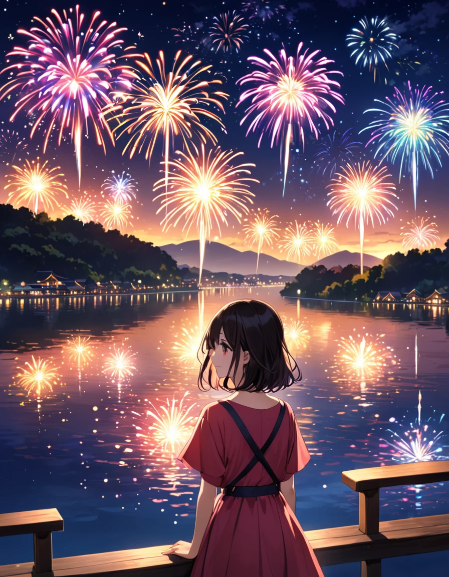 Countless colorful fireworks bloom in the night sky.、The light is reflected on the river surface。Fireworks are next々And launched、Create a light show that spreads across the sky。A girl by the river gazes upon the beautiful sight、The light of the fireworks reflects on her face。The girl's eyes were captivated by the beauty、A smile appears。Amid the explosions and lights of fireworks、She is enjoying a dreamlike time。