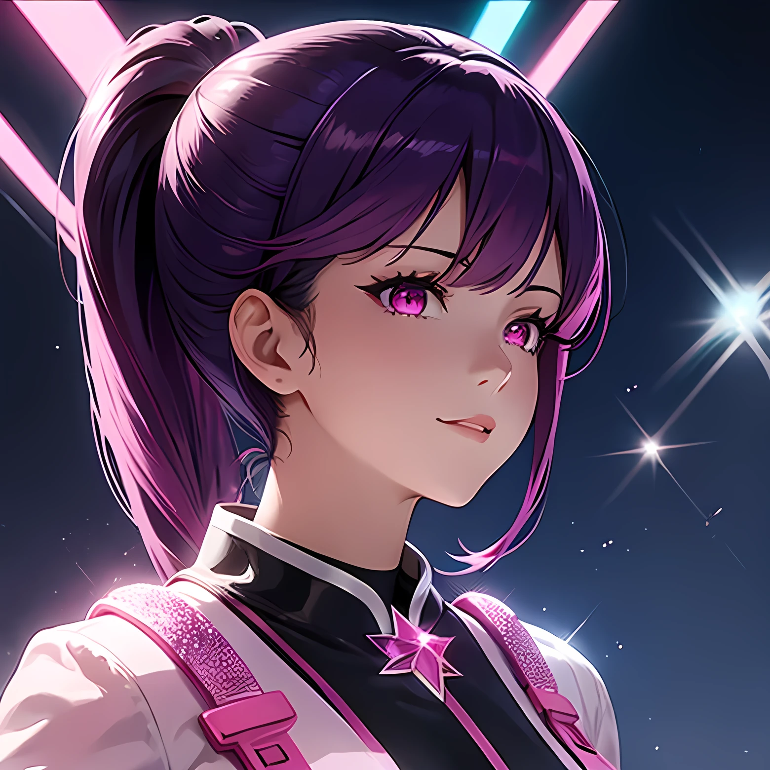 A woman, blue and dark pink hair, ponytails, wearing Flashy clothes, background outside sparkling, crystal pink eyes, doing a poss, smirking HD