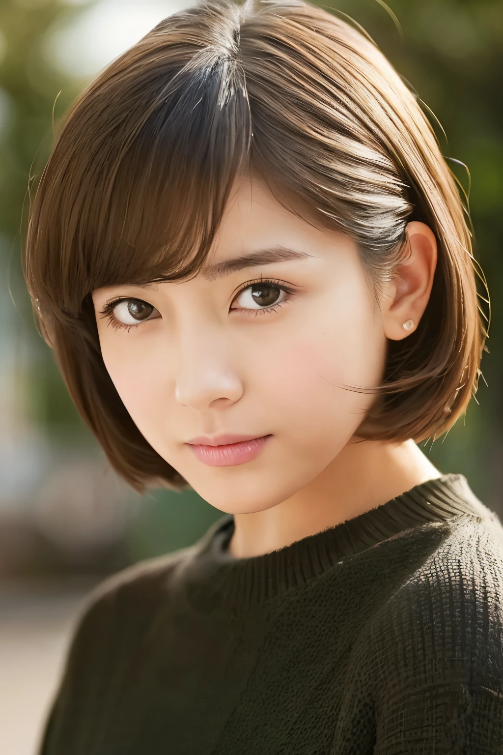 Create a high-quality, realistic portrait of a woman who is shrugging her shoulders in an embarrassed manner. She should have a slight blush on her cheeks, with a shy and hesitant expression on her face. Her shoulders are slightly raised, and her body language conveys a sense of shyness and modesty. She has light brown eyes, brunette hair styled in a short bob, and is wearing a simple, elegant outfit. The background should be neutral and soft, emphasizing her expression and pose.