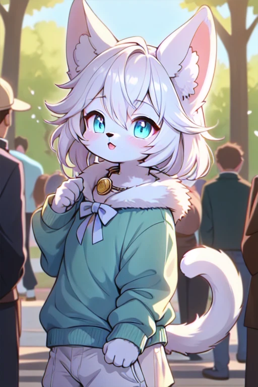beautiful and detailed, man (((male))) ((anthro)) Cat, (Cat boy), cinematic lighting, Cat, (anthro, fluffy fur), 1boy, anthro cat boy, body fur, gray fur, gray body, gray hair, long hair, comfortable anime-style cartoon-style, digital drawing, detailed background, standing, park, day, summer, bow collar, blue eyes, green sweater, white panties, collar, low-angle view