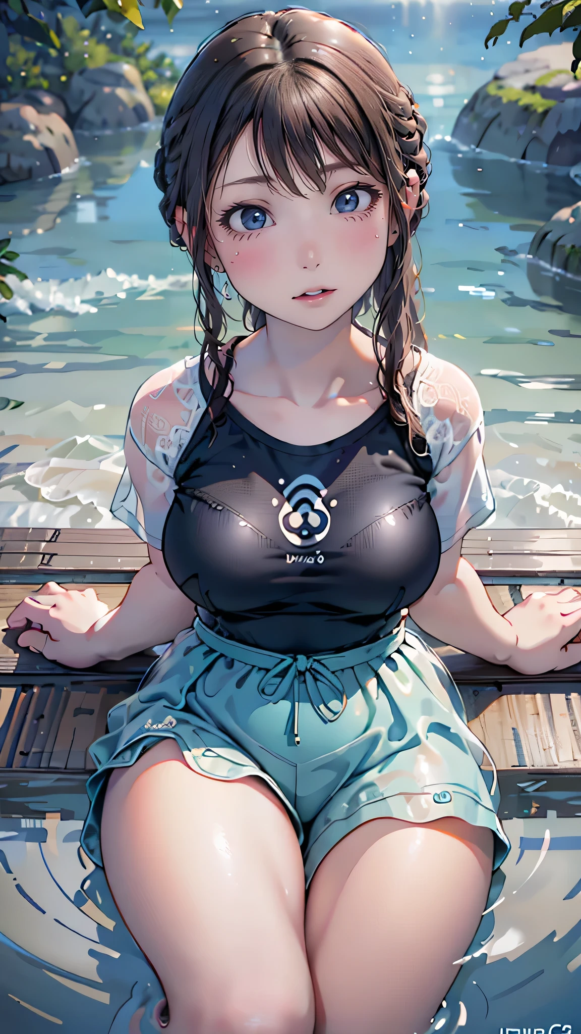 from above,pov,SAUNA,sitting,spread legs,(Random better Pose),(floating in water),(soaked),baggy t-shirt,(see through),lace swimsuit,(Thin type:1.5),(large breasts),(random hairstyle:1.2),(Highest image quality, (8K), Ultra-realistic, Best Quality, High quality, High Definition, high quality texture, high detailing, Beautiful detailed, fine detailed, extremely details CG, Detailed texture, realistic representation of face, masterpiece, presence)