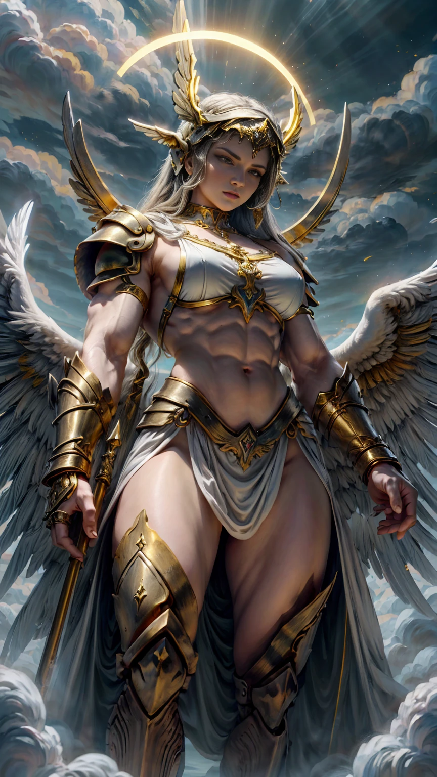 The painting captures the majestic figure of Athena, the goddess of wisdom and war, rendered in the revered style of Greek Orthodox iconography. She stands tall and imposing, her muscular form exuding divine strength and power. Her physique is a testament to her warrior nature, with well-defined muscles that speak of both grace and might.
Athena is adorned in resplendent armor, a blend of gold and silver that gleams with an ethereal light. The armor is intricately detailed, featuring elaborate designs and symbols that represent wisdom and warfare. Each piece fits her perfectly, from the ornate breastplate embossed with scenes of victory to the vambraces that encase her powerful arms. The craftsmanship is exquisite, with patterns and motifs that are both classical and divine.
Her face is a striking combination of serenity and fierceness, embodying both the intellect and the warrior spirit. Her eyes are piercing, reflecting a profound intelligence and unwavering determination. A golden halo surrounds her head, a traditional element of Greek Orthodox iconography, signifying her divine status.
In her right hand, Athena holds a spear, its tip glinting as if imbued with celestial power. The spear is a symbol of her readiness to protect and defend. In her left hand, she bears a large shield adorned with the head of Medusa, a powerful emblem of protection and fearlessness.
The background of the painting is a harmonious blend of vibrant colors and intricate patterns typical of Orthodox iconography. Behind Athena, classical Greek architecture frames the scene, with columns and arches that enhance the sense of ancient reverence. Symbols of wisdom, such as the owl and the olive tree, are subtly incorporated into the backdrop, adding layers of meaning and depth.
The painting exudes a sense of divine authority and strength, capturing Athena in all her glory as a muscular, armored goddess, ready to impart wisdom and lead in battle.