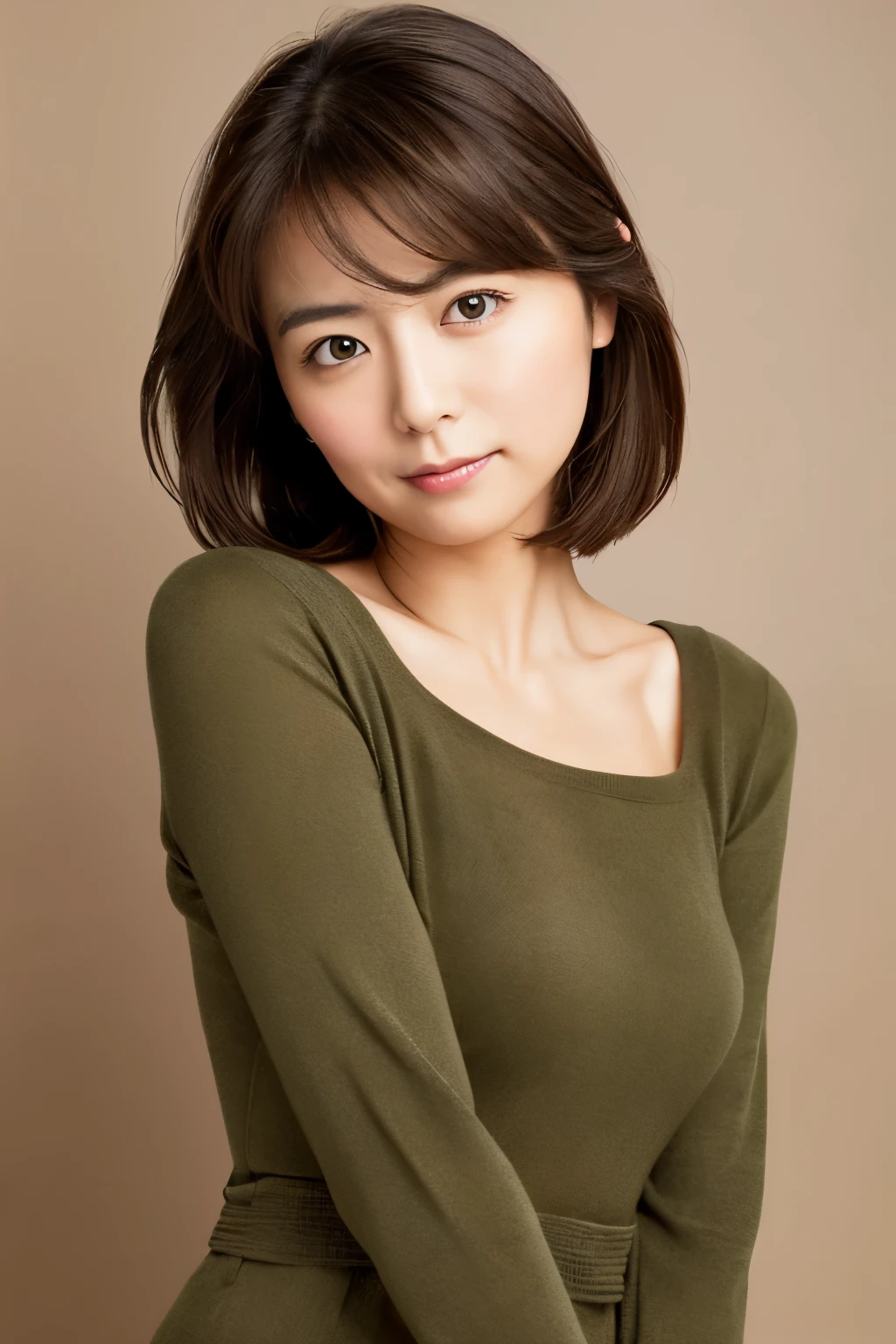 Masterpiece, High quality, High resolution, Create a high-quality, realistic portrait of a skinny 30s Japanese woman who is shrugging her shoulders in an embarrassed manner. She should have a slight blush on her cheeks, with a shy and hesitant expression on her face. Her shoulders are slightly raised, and her body language conveys a sense of shyness and modesty. She has light brown eyes, brunette hair styled in a short bob, and is wearing a simple, elegant outfit. The background should be neutral and soft, emphasizing her expression and pose.