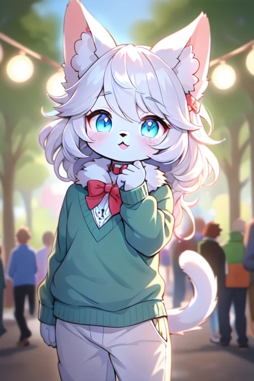 beautiful and detailed, man (((male))) ((anthro)) Cat, (Cat boy), cinematic lighting, Cat, (anthro, fluffy fur), 1boy, anthro cat boy, body fur, gray fur, gray body, gray hair, long hair, comfortable anime-style cartoon-style, digital drawing, detailed background, standing, park, day, summer, bow collar, blue eyes, green sweater, white panties, collar, low-angle view