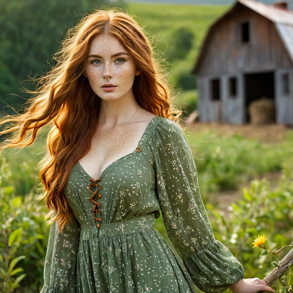 Luma is a elegant person, she is beautiful And have a strong posture, she has breasts that have a voluminous proportion, a pear feminine silhouette, Auburn hair, long Auburn hair, She has expressive eyes, ( Only eyes olive green) Her skin is fair and she has some light freckles on her cheek bones, busty, Farm, Brown rustic clothes, boho clothes, farm boho fashion clothes, romantic vibes, fire lights, fire sparkles, flowers clothes the hair to be half straight and half with curled ends cartoon