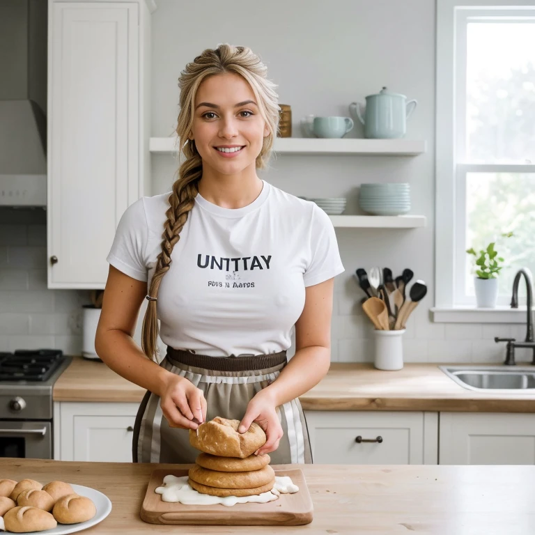 mid range,light hair color,in the kitchen ,background kitchen style art decor, knead the dough with your own hands,prepares food at the table with your own hands,nice breasts , T-shirt with a neckline ,indoor sweatpants,Arabian appearance, light hair color. light hair color,hair braided,кожа ultra-натуральная. Large elastic hips,a high resolution, masterpiece, Best quality, complex parts, Very detailed, sharp focus, detailed skin, realistice Hauttextur, texture, Detailed eyes, professional, 4K, charming smile, shot on Canon, 85 mm, light depth of field, Цвет Kodak Vision, perfect body, extremely detailed, photo_\(ultra\), fotorealistic, realistic, Post-processing, maximum detail, roughness, real life, ultrarealistic, photorealismus, photografie, Age 22 years. slim build