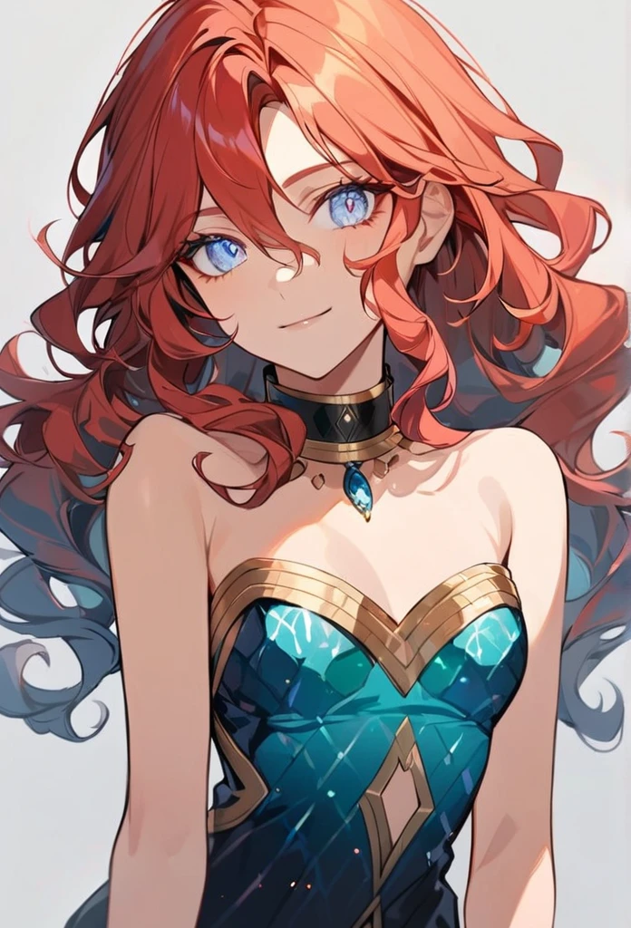 (high-quality, breathtaking),(expressive eyes, perfect face) 1girl, female, solo, young adult, ginger red color hair, tanned skin, pale light blue eye color, long hair length, Symmetrical Eyes, positive expression, elegant, mature, beautiful, soft smile, SunsetHuman, collar, disney ariel, white skin, long ginger hair, long dark blue sequin dress with gold trim, heels, sitting