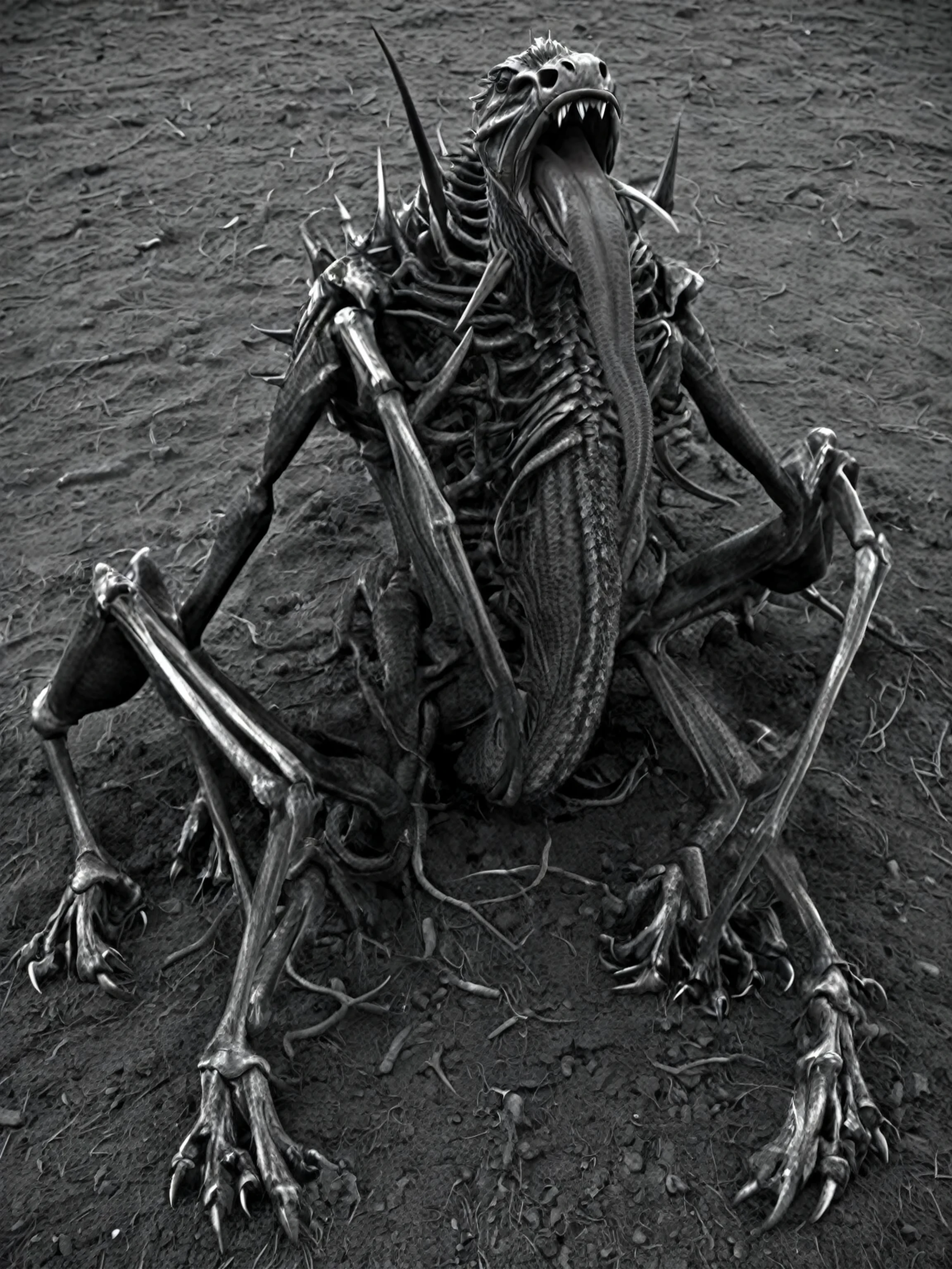 Monstro sem olhos,mas com uma boca cheia de dentes afiados,it contains a chest showing its bones and some what look like sharp claws,na cintura tem um olho de infeite, have 4 legs on the ground ,2 between the legs and hands, 2 arms with sharp claws ,a strange head,a tongue resembling that of a snake and the hands appear to be humanoid with claws