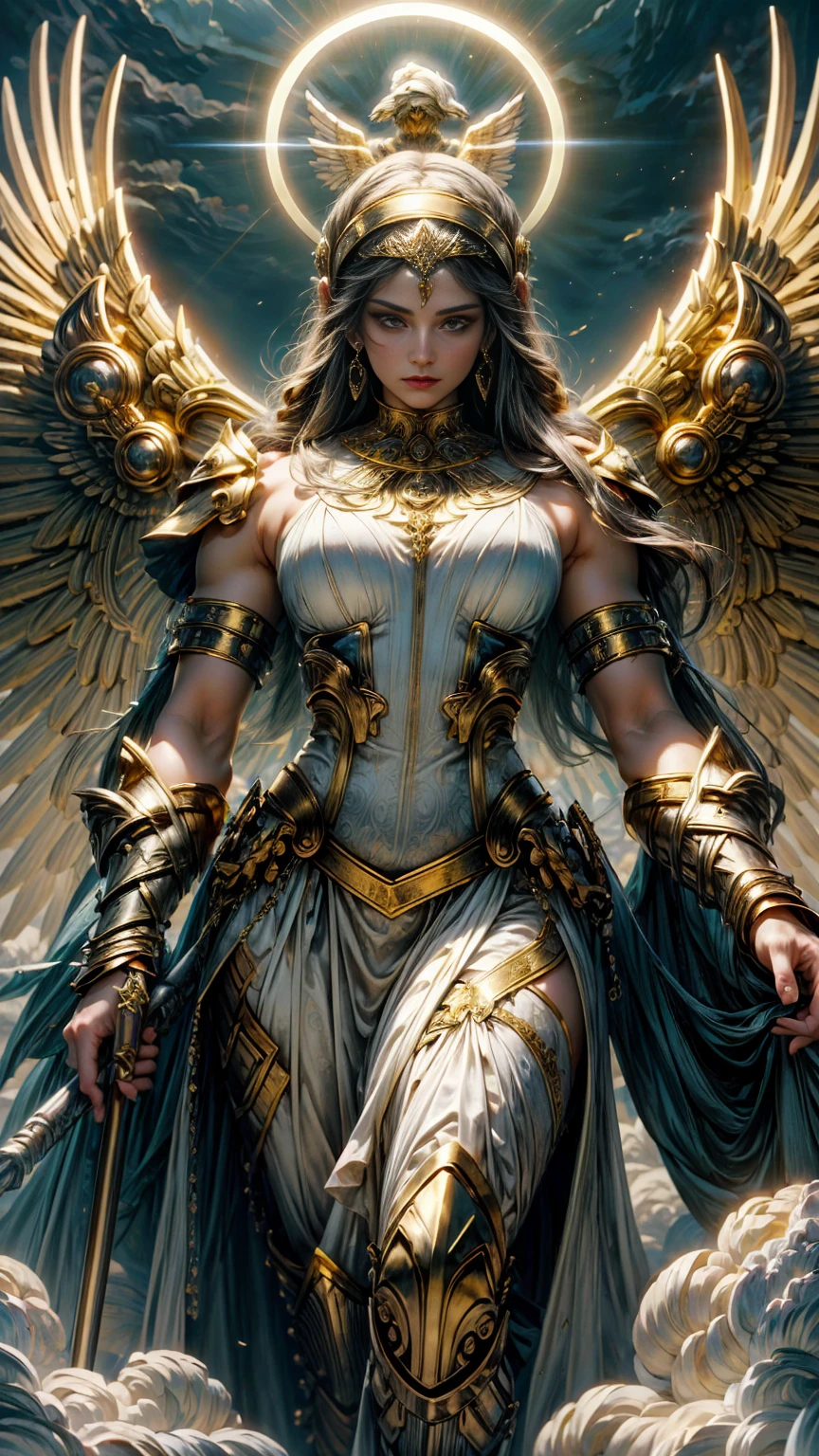 The painting captures the majestic figure of Athena, the goddess of wisdom and war, rendered in the revered style of Greek Orthodox iconography. She stands tall and imposing, her muscular form exuding divine strength and power. Her physique is a testament to her warrior nature, with well-defined muscles that speak of both grace and might.
Athena is adorned in resplendent armor, a blend of gold and silver that gleams with an ethereal light. The armor is intricately detailed, featuring elaborate designs and symbols that represent wisdom and warfare. Each piece fits her perfectly, from the ornate breastplate embossed with scenes of victory to the vambraces that encase her powerful arms. The craftsmanship is exquisite, with patterns and motifs that are both classical and divine.
Her face is a striking combination of serenity and fierceness, embodying both the intellect and the warrior spirit. Her eyes are piercing, reflecting a profound intelligence and unwavering determination. A golden halo surrounds her head, a traditional element of Greek Orthodox iconography, signifying her divine status.
In her right hand, Athena holds a spear, its tip glinting as if imbued with celestial power. The spear is a symbol of her readiness to protect and defend. In her left hand, she bears a large shield adorned with the head of Medusa, a powerful emblem of protection and fearlessness.
The background of the painting is a harmonious blend of vibrant colors and intricate patterns typical of Orthodox iconography. Behind Athena, classical Greek architecture frames the scene, with columns and arches that enhance the sense of ancient reverence. Symbols of wisdom, such as the owl and the olive tree, are subtly incorporated into the backdrop, adding layers of meaning and depth.
The painting exudes a sense of divine authority and strength, capturing Athena in all her glory as a muscular, armored goddess, ready to impart wisdom and lead in battle.