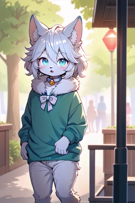 beautiful and detailed, man (((male))) ((anthro)) Cat, (Cat boy), cinematic lighting, Cat, (anthro, fluffy fur), 1boy, anthro cat boy, body fur, gray fur, gray body, gray hair, long hair, comfortable anime-style cartoon-style, digital drawing, detailed background, standing, park, day, summer, bow collar, blue eyes, green sweater, white panties, collar, low-angle view