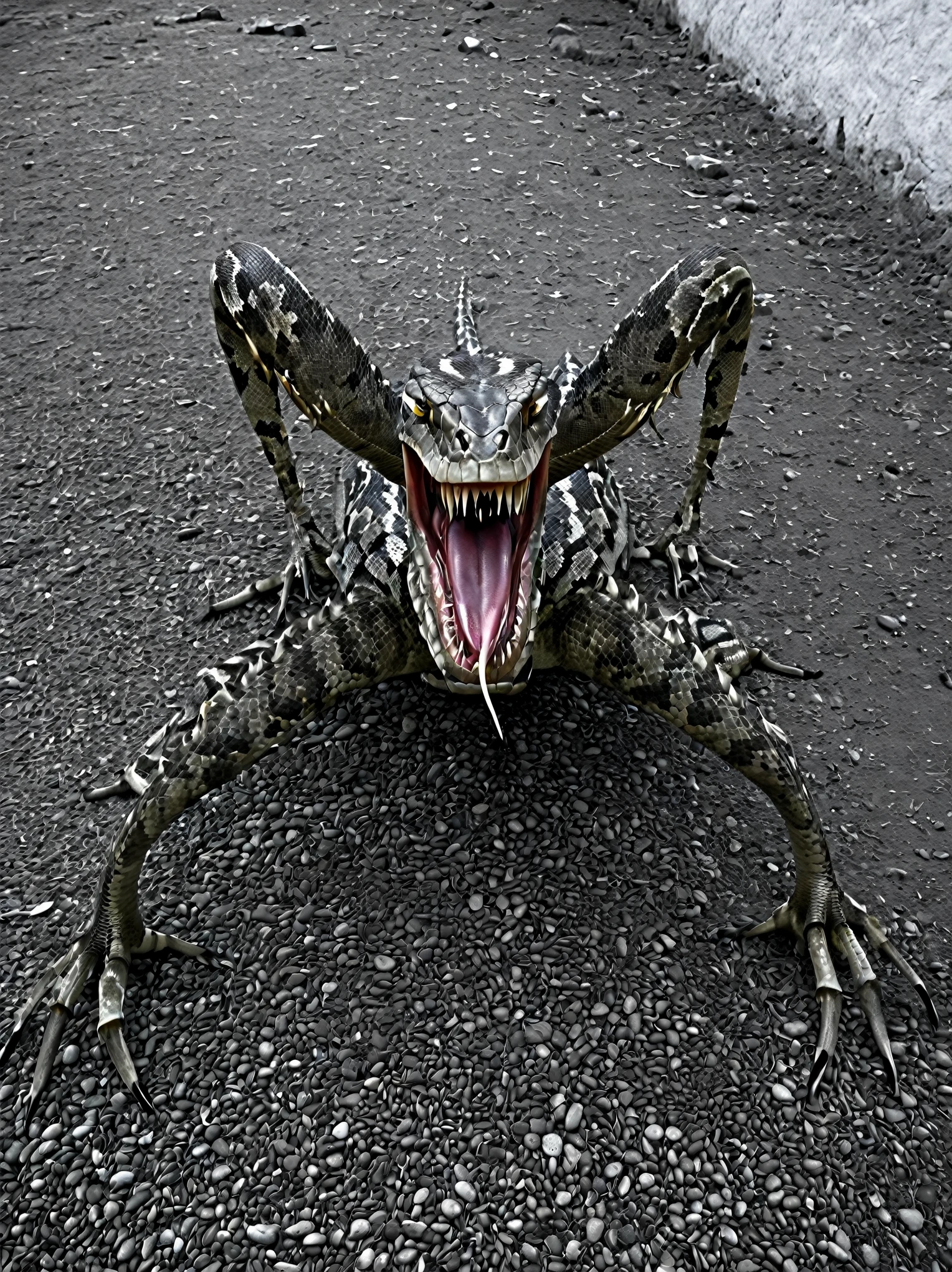 Monstro sem olhos,mas com uma boca cheia de dentes afiados,it contains a chest showing its bones and some what look like sharp claws,na cintura tem um olho de infeite, have 4 legs on the ground ,2 between the legs and hands, 2 arms with sharp claws ,a strange head,a tongue resembling that of a snake and the hands appear to be humanoid with claws