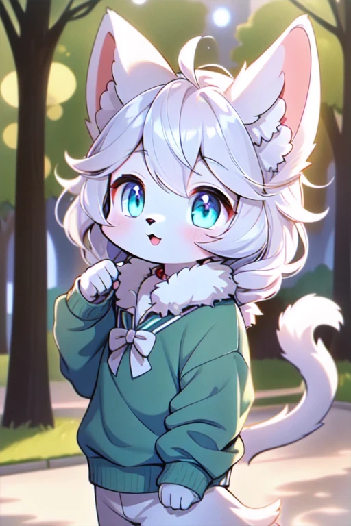beautiful and detailed, man (((male))) ((anthro)) Cat, (Cat boy), cinematic lighting, Cat, (anthro, fluffy fur), 1boy, anthro cat boy, body fur, gray fur, gray body, gray hair, long hair, comfortable anime-style cartoon-style, digital drawing, detailed background, standing, park, day, summer, bow collar, blue eyes, green sweater, white panties, collar, low-angle view