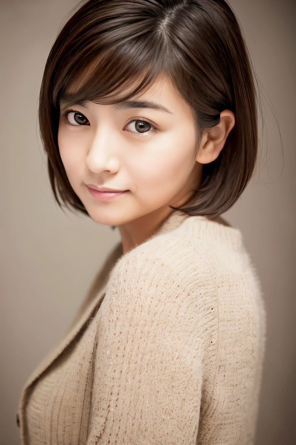 Masterpiece, High quality, High resolution, Create a high-quality, realistic portrait of a skinny 30s Japanese woman who is shrugging her shoulders in an embarrassed manner. She should have a slight blush on her cheeks, with a shy and hesitant expression on her face. Her shoulders are slightly raised, and her body language conveys a sense of shyness and modesty. She has light brown eyes, brunette hair styled in a short bob, and is wearing a simple, elegant outfit. The background should be neutral and soft, emphasizing her expression and pose.