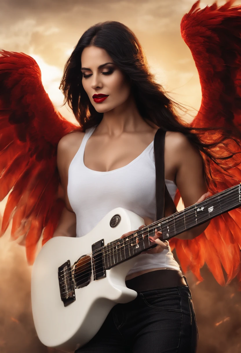 Light brunette woman aged between 35 and 40 years old highly defined face black eyes red lipstick white tank top black jeans long black hair in the wind slightly annulled with wings the color of live fire like a phoenix warrior look with a guitar in her hand scenery of a big show