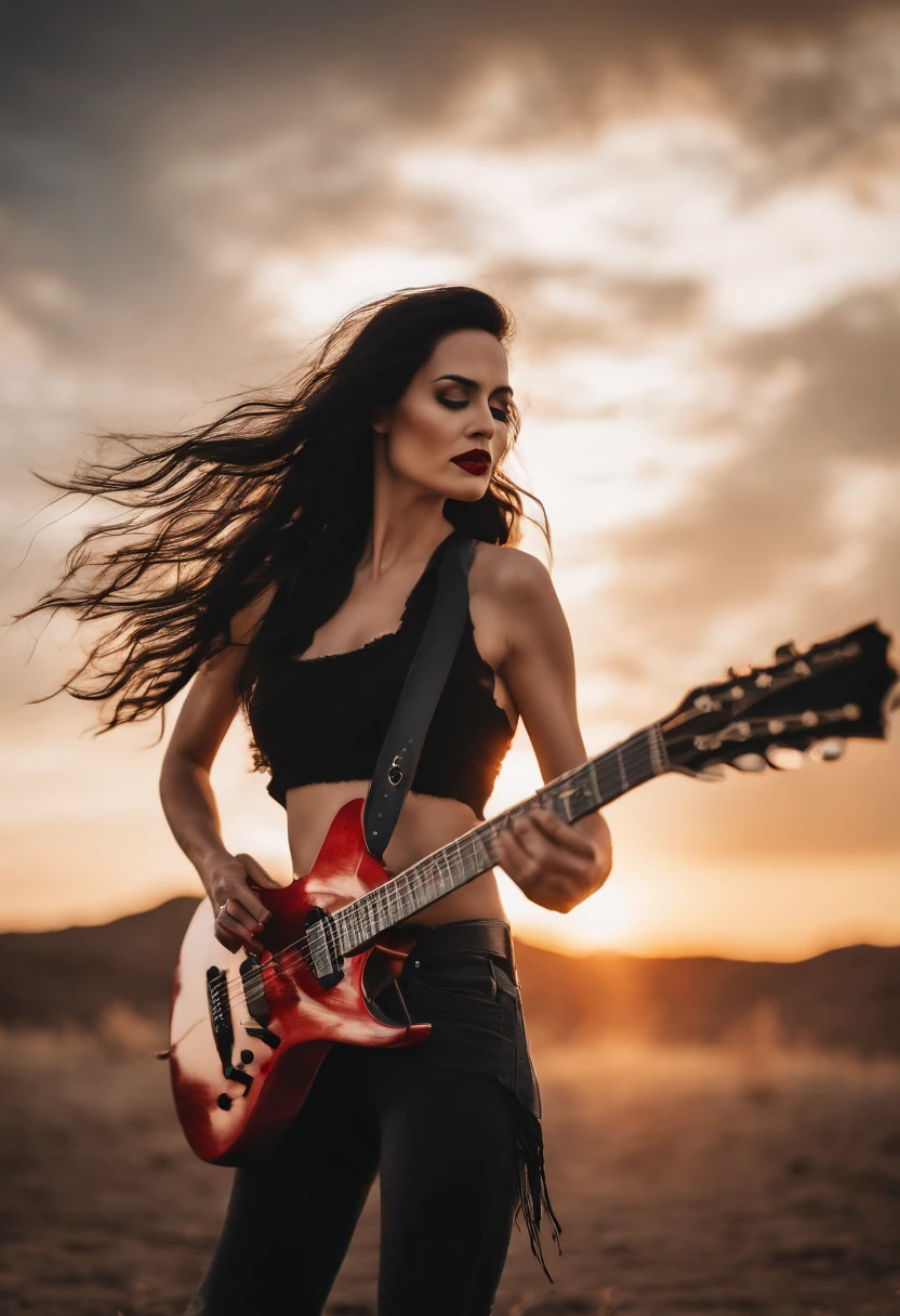 Light brunette woman aged between 35 and 40 years old highly defined face black eyes red lipstick white tank top black jeans long black hair in the wind slightly annulled with wings the color of live fire like a phoenix warrior look with a guitar in her hand scenery of a big show