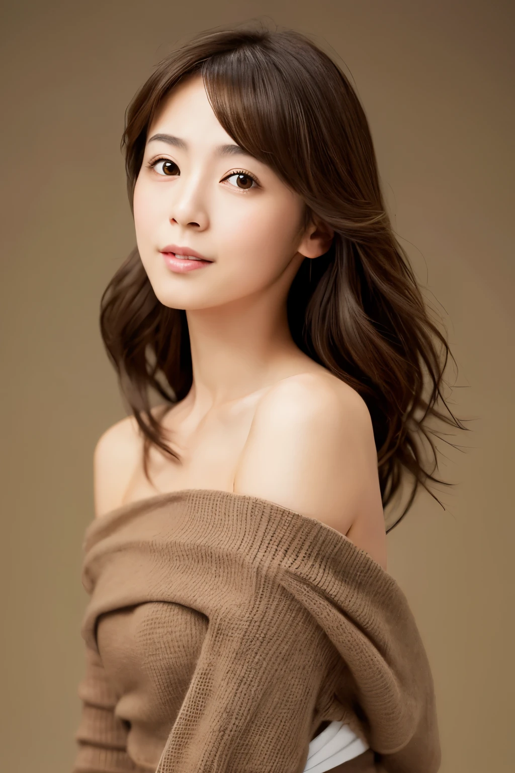 Masterpiece, High quality, High resolution, Create a high-quality, realistic portrait of a skinny 30s Japanese woman who is shrugging her shoulders in an embarrassed manner. She should have a slight blush on her cheeks, with a shy and hesitant expression on her face. Her shoulders are slightly raised, and her body language conveys a sense of shyness and modesty. She has light brown eyes, brunette hair, and is wearing a simple, elegant outfit. The background should be neutral and soft, emphasizing her expression and pose.