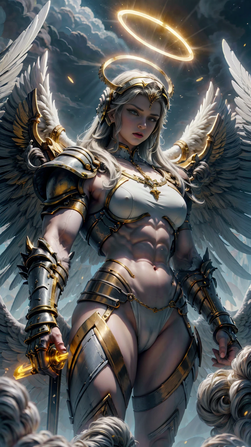 The painting captures the majestic figure of Athena, the goddess of wisdom and war, rendered in the revered style of Greek Orthodox iconography. She stands tall and imposing, her muscular form exuding divine strength and power. Her physique is a testament to her warrior nature, with well-defined muscles that speak of both grace and might.
Athena is adorned in resplendent armor, a blend of gold and silver that gleams with an ethereal light. The armor is intricately detailed, featuring elaborate designs and symbols that represent wisdom and warfare. Each piece fits her perfectly, from the ornate breastplate embossed with scenes of victory to the vambraces that encase her powerful arms. The craftsmanship is exquisite, with patterns and motifs that are both classical and divine.
Her face is a striking combination of serenity and fierceness, embodying both the intellect and the warrior spirit. Her eyes are piercing, reflecting a profound intelligence and unwavering determination. A golden halo surrounds her head, a traditional element of Greek Orthodox iconography, signifying her divine status.
In her right hand, Athena holds a spear, its tip glinting as if imbued with celestial power. The spear is a symbol of her readiness to protect and defend. In her left hand, she bears a large shield adorned with the head of Medusa, a powerful emblem of protection and fearlessness.
The background of the painting is a harmonious blend of vibrant colors and intricate patterns typical of Orthodox iconography. Behind Athena, classical Greek architecture frames the scene, with columns and arches that enhance the sense of ancient reverence. Symbols of wisdom, such as the owl and the olive tree, are subtly incorporated into the backdrop, adding layers of meaning and depth.
The painting exudes a sense of divine authority and strength, capturing Athena in all her glory as a muscular, armored goddess, ready to impart wisdom and lead in battle.