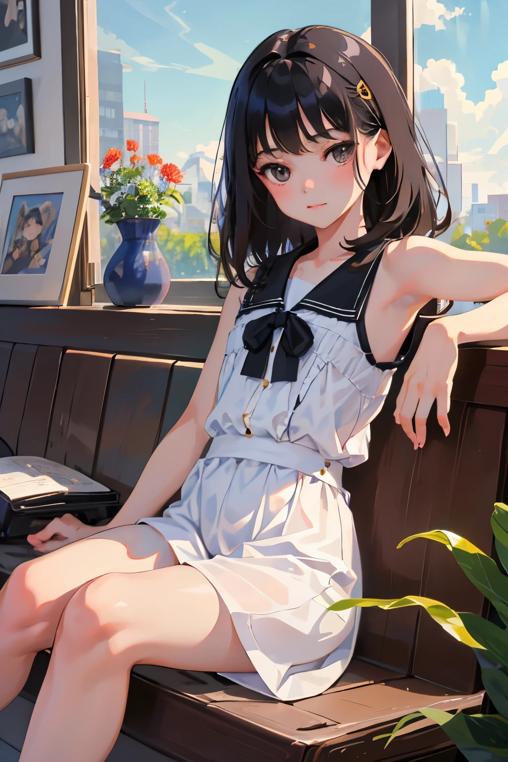 (child)，highest quality，Beautiful face in every detail，cute，Dark brown eyes，(背の低いcute女の子，Small young student，Young delicate girl）,（masterpiece，Top quality)，Black Hair，Sleepy expression，Sleeveless，(White shorts)，Crouching