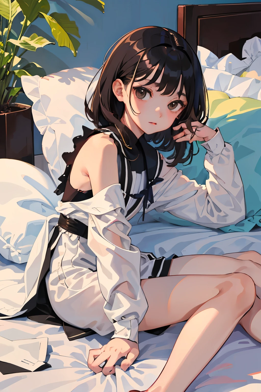 (child),highest quality,Beautiful face in every detail,cute,Dark brown eyes,(背の低いcute女の子,Small young student,Young delicate girl),(masterpiece,Top quality),Black Hair,Sleepy expression,Sleeveless,(White shorts),Crouching