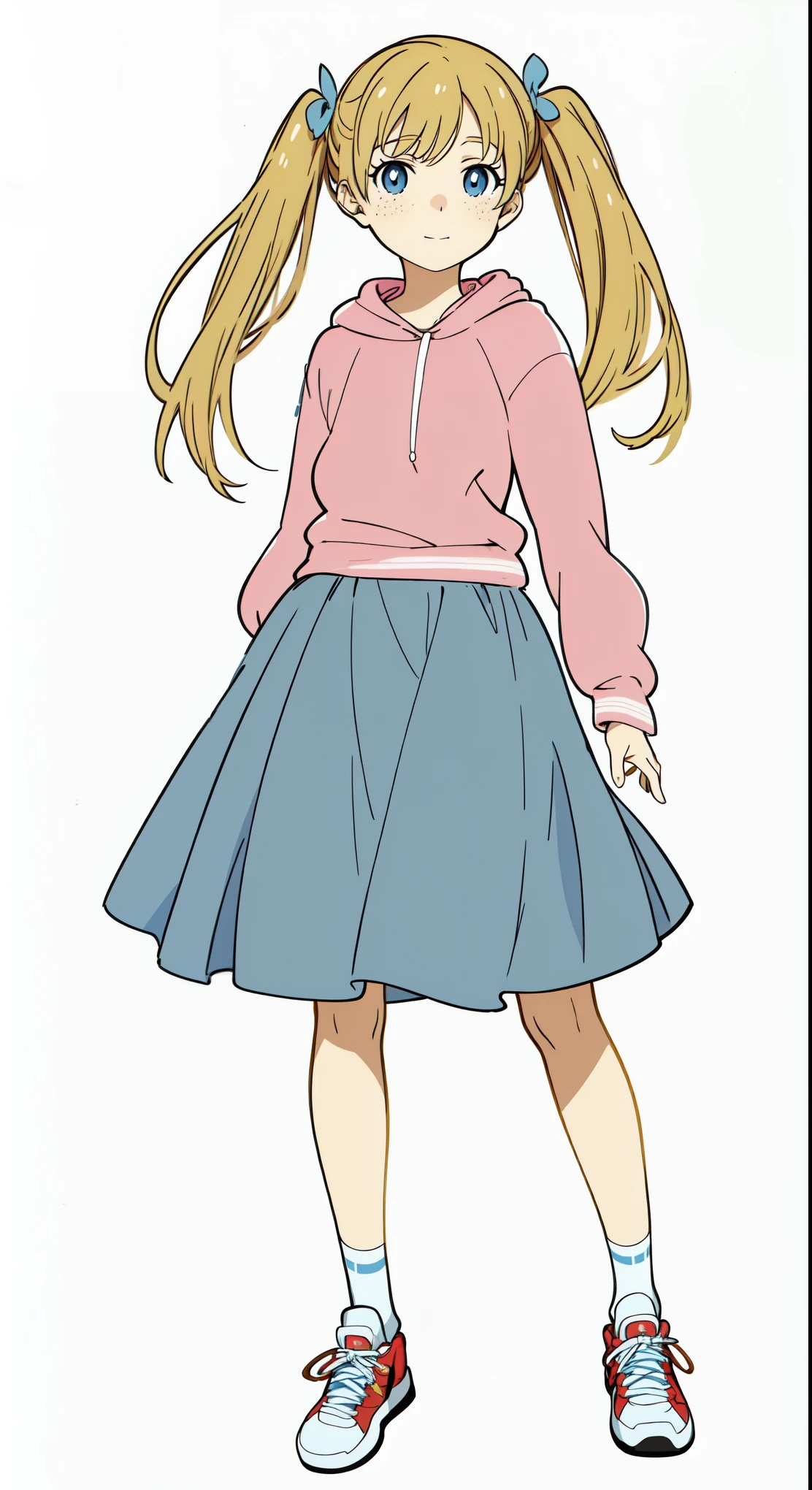 (best quality:1.0), (masterpiece:1.0), (super fine illustration:1.0), (beautiful artwork:1.0), (anime screencap:1.0), (official art:1.0), (european:1.0), (cheerful:1.0), (white background:1.0), (best quality:1.0), (masterpiece:1.0), (super fine illustration:1.0), (beautiful artwork:1.0), (anime screencap:1.0), (official art:1.0), (solo:1.0), (european:1.0), (a 15yo cute girl:1.0), (long skirt:1.0), (light blue skirt:1.0), (flare skirt:1.0), (pink long sleeve hoodie:1.0), (white t-shirt:1.0), (sneakers:1.0), (white socks:1.0), (ideal ratio body proportions:1.0), (lanky:1.0), (tall:1.0), (slender:1.0), (small breasts:1.0), (smaller face:1.0), (tareme:1.0), (freckles:1.0), (detailed beautiful eyes:1.0), (detailed beautiful face:1.0), (glowing blue eyes:1.0), (long hair:1.0), (twin tails:1.0), (swept bangs:1.0), (blonde hair:1.0), (standing:1.0), (looking at viewer:1.0)