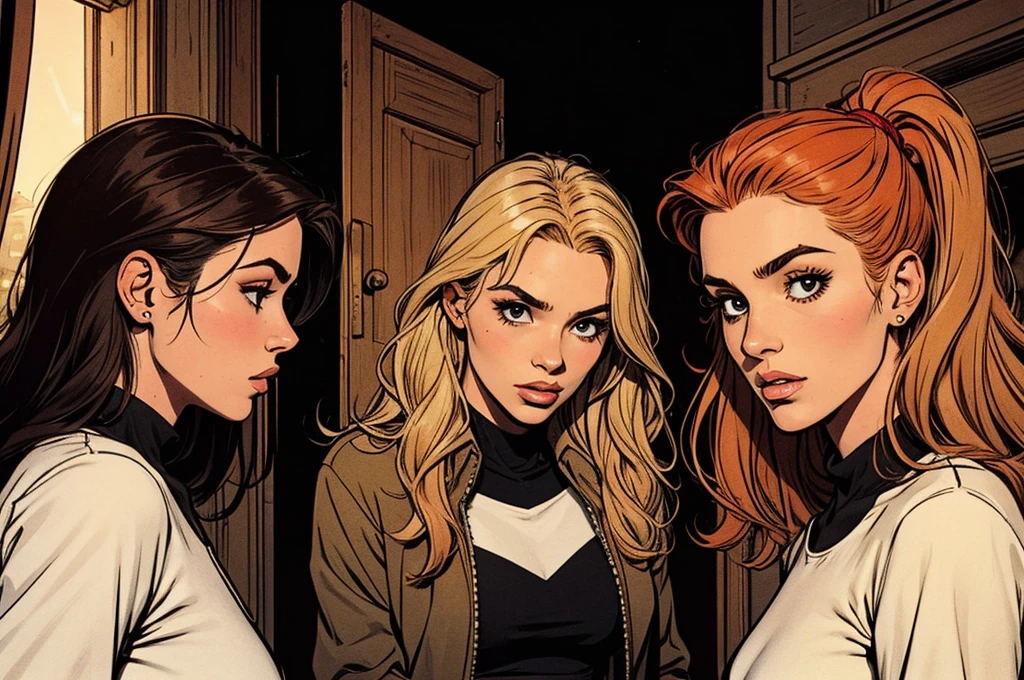 girls, gossiping, typical ager outfit:1.2, detailed face, blond|black-haired|red-haired,