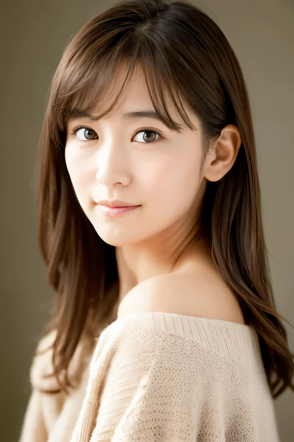 Masterpiece, High quality, High resolution, Create a high-quality, realistic portrait of a skinny 30s Japanese woman who is shrugging her shoulders in an embarrassed manner. She should have a slight blush on her cheeks, with a shy and hesitant expression on her face. Her shoulders are slightly raised, and her body language conveys a sense of shyness and modesty. She has light brown eyes, brunette hair, and is wearing a simple, elegant outfit. The background should be neutral and soft, emphasizing her expression and pose.