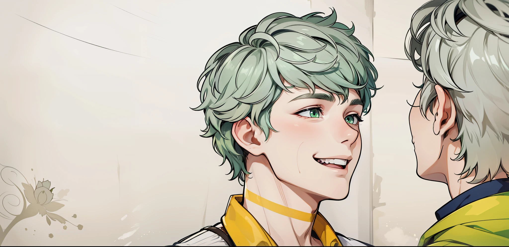 cute 17 year old boy smiles maliciously with mischief speaks with mischief green eyes