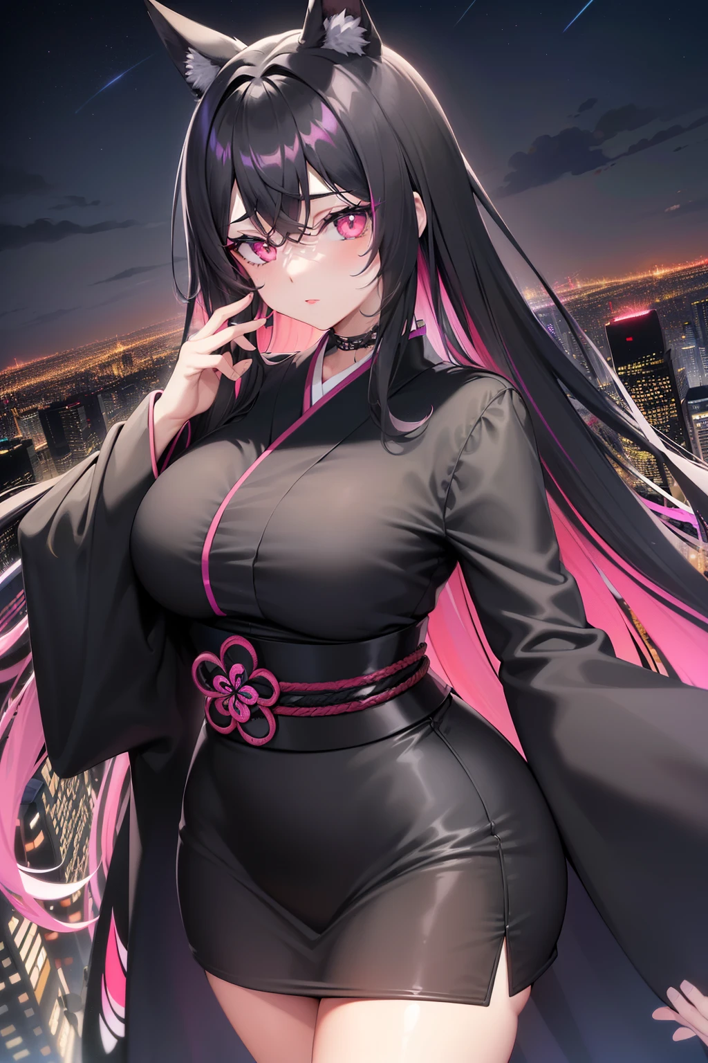 Masterpiece, Ultra-detailed (anime, obra de arte, melhor qualidade, alto contrasto), 1 mulher (sozinho, corpo todo, corpo plus size, standing on the edge of a towering skyscraper, cabelo prateado, LONGO em um rabo de cavalo, olhos vermelhos, olhos perfeitos brilhos de rubi, (kimono longo preto simples, black cybernetics with neon pink highlights)), Meias pretas transparentes, (skyscraper roof, com vista para uma cidade, fundo detalhado (Night time, darkness, low light pollution)).