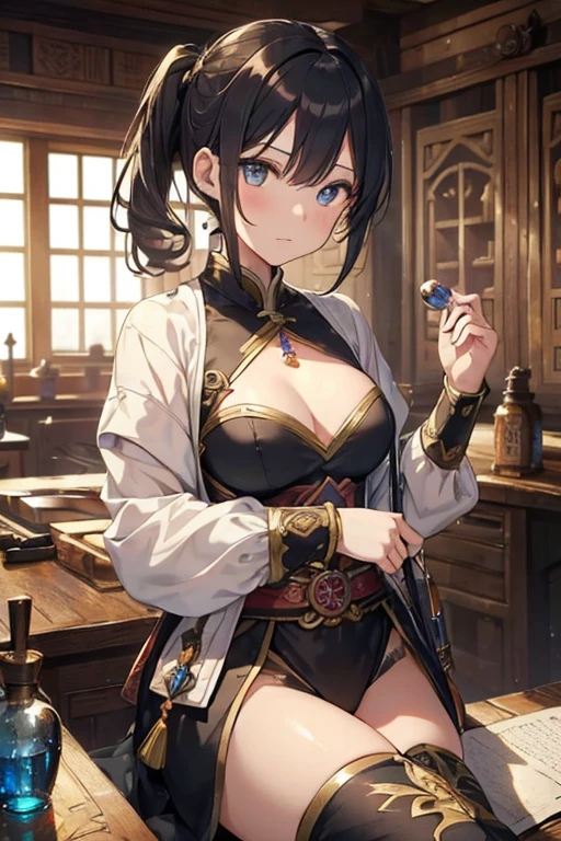 (Fantasy:1.5),(anime,8k,masterpiece, highest quality, highest quality,beautifully、aesthetic:1.2,Professional illustrations:1.1,Super detailed:1.3,Perfect lighting),Very detailed,Most detailed,Incredibly absurd , High resolution, Super detaileded,complicated:1.6,(Alchemy Workshop:1.4),A girl mixing,Many small bottles of medicine,Holds a small potion,colorful:1.4,Zentangle,(1girl),(girl),(Female warriors of the Three Kingdoms),(Very exquisite beautiful face and eyes,Firm breasts),Oily skin,((black,hair,short bob with short pony tail hair)),thin pubic hair,cute,Lovely,Age 34,Alchemist's costume,Merchant's clothing,smile,In the kitchen,smile,Seductive Weakness々しいsmile,(with sparkling eyes and a contagious smile),Open your mouth, View Viewer,