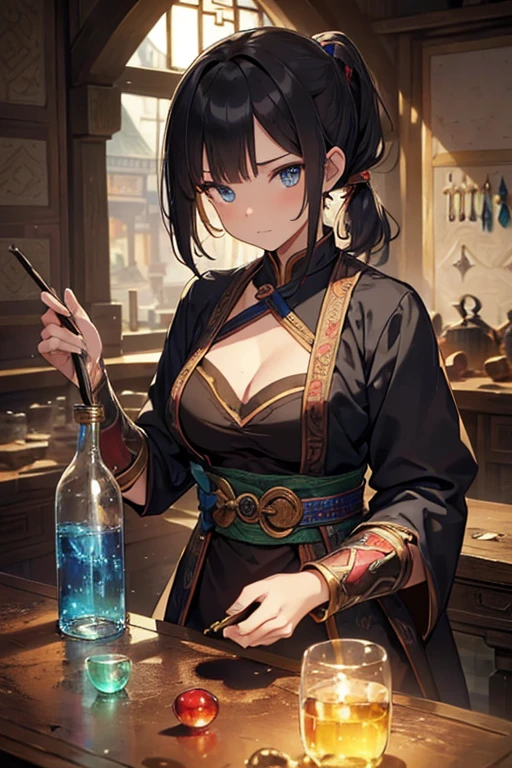 (Fantasy:1.5),(anime,8k,masterpiece, highest quality, highest quality,beautifully、aesthetic:1.2,Professional illustrations:1.1,Super detailed:1.3,Perfect lighting),Very detailed,Most detailed,Incredibly absurd , High resolution, Super detaileded,complicated:1.6,(Alchemy Workshop:1.4),A girl mixing,Many small bottles of medicine,Holds a small potion,colorful:1.4,Zentangle,(1girl),(girl),(Female warriors of the Three Kingdoms),(Very exquisite beautiful face and eyes,Firm breasts),Oily skin,((black,hair,short bob with short pony tail hair)),thin pubic hair,cute,Lovely,Age 34,Alchemist's costume,Merchant&#39;s clothing,smile,In the kitchen,smile,Seductive Weakness々しいsmile,(with sparkling eyes and a contagious smile),Open your mouth, View Viewer,